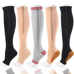 Sports Socks Compression Zipper Fashion Women Men Pain Relief Knee High Zip Leg Support Sox Open Toe Solid Colour