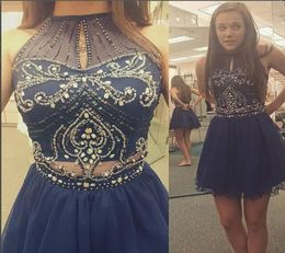 Sparkly Two Pieces Homecoming Dress Turquoise Tulle Short School Formal Aline Halter Crystal Sheer Navy Blue Prom Dress5193746