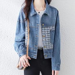 Women's Jackets Vintage Plaid Patchwork Lady Denim Jacket Single Breasted Lapel Loose Short Women Spring Trendy Female Clothing Top