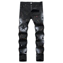 Mens micro-elastic small foot jeans mens hand-painted gun spray five-pointed star Colour paint stretch straight leg jeans men 240423