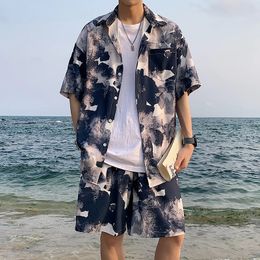 Summer Men Shorts Set Matching Shirts Letter Striped Floral Printing Outfits Short Sleeve Elastic Waist Thin Oversize Suit Man 240428