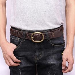 Belts 3.8cm Handwoven Leather Belt For Men First-Layer Cowhide Solid Brass Center Bar Buckle Mens's Personalized Woven Jeans