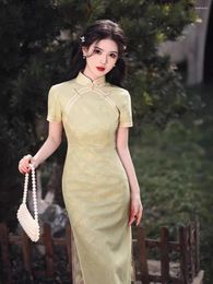 Ethnic Clothing 2024 Spring/Summer Lace Round Neck Mid Length Qipao Girl's Short Sleeved Standing Chinese Style Cheongsam