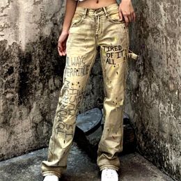 Women's Jeans Embroidered Letters Women 2024 Spring Autumn Straight Denim Fashion Graffiti Print Hip-hop Casual Trousers NZ35