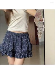 Skirts Casual Women Navy Layered Mini 2024 Summer Vintage Elastic Waist Floral Printed Female Chic Bottoms