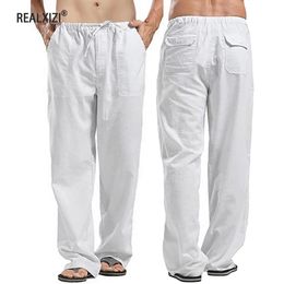 Mens Cotton Linen Pants Large Size Trousers Summer Multipocket Wide Lightweight Streetwear Solid Color Loose Casual Sweatpants 240422