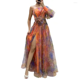 Casual Dresses Elegant Women Evening Dress One Shoulder Doule-layered Tie-dye Flower Print Rose Mesh Split Hem Ball Gown