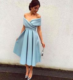 2023 Spring Summer New Tea Length Evening Dresses Simple Sky Blue Off The Shoulder Pleated Satin Zipper Formal Party Prom Bridesma4300822