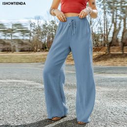 Women's Pants Wide Leg For Women High Waist Solid Color Casual Trousers Workout Drawstring With Pockets Straight Loose
