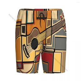 Men's Sleepwear Short Pyjamas Pants For Sleeping Funky Fractal Geometric Square Shaped With Acoustic Guitar Art Loose Button