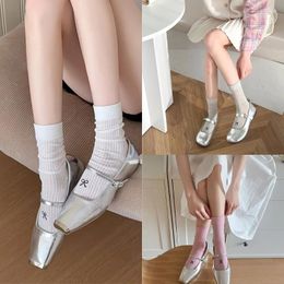 Women Socks French Embroidered Bowknot Calf Ribbed Cotton Stretch