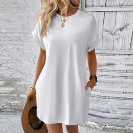 Casual Dresses Solid Colour Dress Stylish Crew Neck Summer With Side Pockets For Women Breathable Mini Commute Office Wear