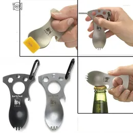 Dinnerware Sets 1 Pcs Stainless Steel Outdoor Multi Function Spoon Fork Hex Wrench Bottle Opener Carabiner Camping Picnic