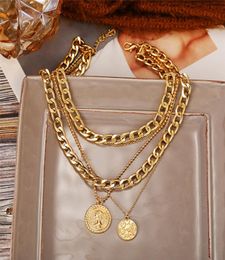 Necklaces Double Layer Punk Gold Portrait Necklace for Women Cuban Chunky Thick Chain Choker Coin Pendant Gothtic Jewlery9724472