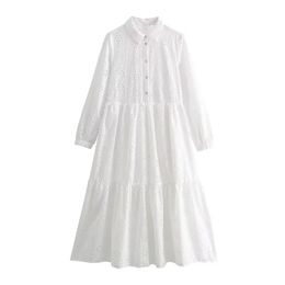 Zach Ailsa Spring Product Womens Casual White Loose Polo Neck Long Sleeve Hollow Embroidered Midi Dress 240424
