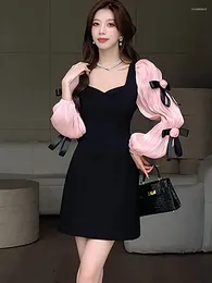 Casual Dresses Spring Autumn Black Patchwork Pink Bow Puff Sleeve Mini Dress Women Elegant Home 2024 Korean Vintage Bodycon