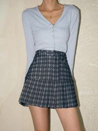 Skirts Women Vintage Casual Blue Plaid Denim Shorts Skirt Autumn Winter Elegant Elastic High Waist Pleated A-line Fashion