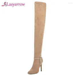 Boots Lasyarrow Flock Buckle Over The Knee Thin Heel Black Party High Women Pointed Toe Sexy Heels Elegant J1117