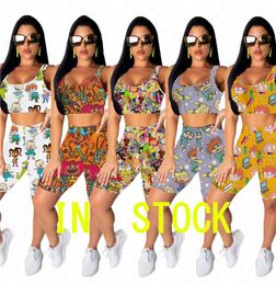 Biker Shorts Set Women Cartoon Printing Two Pieces Tracksuit Sexy Summer Outfits ONeck Crop Top Vest TShirt Short Pants Sports S9415808