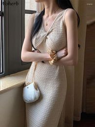 Casual Dresses Knitted Maxi Cross Women Sleeveless Tunic Temperament Robe Femme 2024 Vestidos De Mujer Slim Waist Solid Fashion Dress