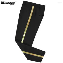 Men's Suits Black Suit Pants Gold Leather Trim Casual Male Formal Business Office Elastic Straight Trousers Plus Big Size