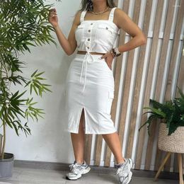 Work Dresses Drawstring Pocket Cami Top & Slit Skirt Set Women Two Piece Dress Sets Sleeveless Short Tops Long Skirts Elastic Waist 2024