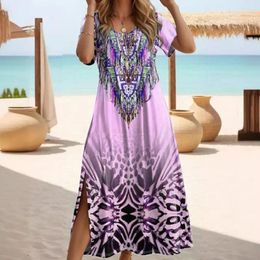 Casual Dresses Soft Fabric Long Dress Stylish Retro Printed Summer Women's With Crew Neck Short Sleeves Gradient Colour For Vacation