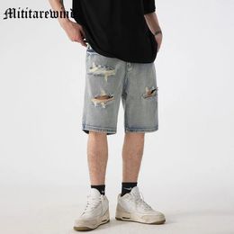 Vintage Mens Shorts Denim Pants Summer Loose Knee Length Jeans Thin Hole Ripped Light Blue Versatile Daily High Street Youth 240425