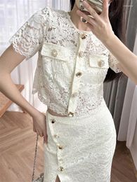 Women's Blouses 2024 Early Spring Hollow Lace Top Shirt / Side Slit Skirt For Women