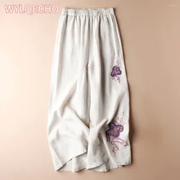 Ethnic Clothing 2024 Spring Summer Women's Cotton Linen Wide Leg Pants Solid Casual Loose Elastic High Waist Ladies Trousers Pantalones