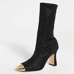 Boots Black Metallic Knit Chunky Heel Mid Calf With Gold-Tone Toe Cap