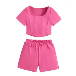 Clothing Sets Little Girl 2 Piece Summer Set Short Sleeve Curved Hem Tops Elastic Waist 3D Bow Shorts Toddler Solid Colour Outfits