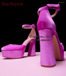 Dress Shoes Surkova Pink Velvet Irregular Chunky Heel Wedding High Platform Fuchsia Luxury Pumps Round Buckle Strap Footwear