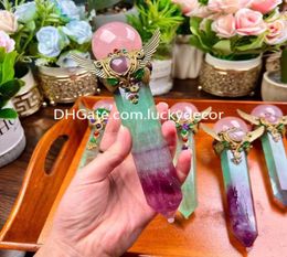 Watermelon Fluorite Crystal Point Wand Christmas Spiritual Gifts Angel Wings Natural Rose Quartz Unconditional Love Sphere Healing4645778