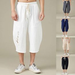 Men's Pants Summer Linen Casual Embroider Cotton Cropped Trousers Sports Chinese Style