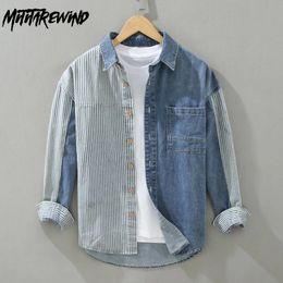 Mens Denim Shirts Spring High Street Loose Full Sleeves Jean Tops Stripe Patchwork Designer Shirt Youth Fashion Overshirt 240423