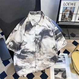 Men's Casual Shirts 2024 Summer Men Fashion Tie-Dyed Buttons Shirt Short Sleeve Lapel Print Male Oversize Loose Thin Blouses D434