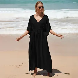 Spring Summer Beach Smock Rayon Waist Drawstring Holiday Gown Bikini Sunscreen Shirt Women Coat Wine Black