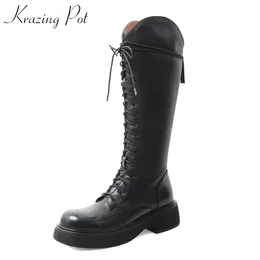 Boots Krazing Pot Full Grain Leather Round Toe Med Heel Riding Long Platform Cross-tied Street Wear Chic Zipper Thigh High