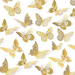 48pcs 3D Butterfly Wall Decor 4 Styles 3 Sizes Gold Decorations for Birthday Party Cake Room 240429