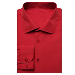 Men's Dress Shirts Brand Red Plain Solid Silk Mens Lapel Long Sleeve Social Shirt Jacquard Male Blouse Clothing Wedding Business Gift