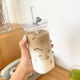 Square Heat Resistant Coffee Glass Cup With Lid and Straw Transparent Milk Tea Juice Cups Coffee Mug For Home Bar Drinkware 240402