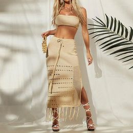 Work Dresses CINESSD 2024 Summer Hollow Bikini Blouse Wrapped Chest Dress Two-Piece Lace-up Tassel Beach Sun Protection Skirt
