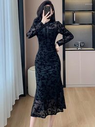 Casual Dresses 2024 Black Jacquard Elegant Chic Sheer Sexy Long Dress For Women Korean Vintage Hepburn Prom Clothes Spring Fashion Bodycon