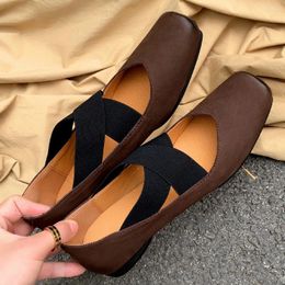 Casual Shoes Women's Cow Leather Elastic Band Cross Strap Slip-on Ballet Flats Square Toe Pleated Gradient Color Retro Female Ballerinas