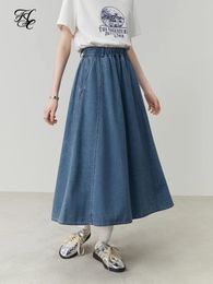 FSLE Retro Style Soft Denim Skirt for Female Autumn High Elastic Waist Comfortable Large Swing A-line Women 240424