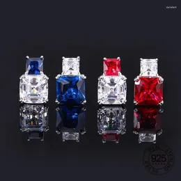 Stud Earrings 925 Sterling Silver Women Jewellery Square Shape Red Ruby Blue Sapphire Cubic Zircon CZ