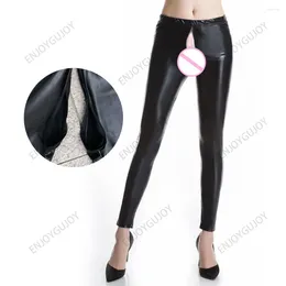 Women's Leggings Invisible Open Crotch Outdoor Sex Imitation Leather 9 Divide Pants High Elasticity Large Size Fashionable Solid Colour