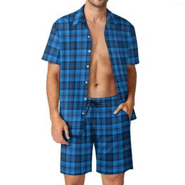 Men's Tracksuits Blue Plaid Men Sets Retro Checkerboard Casual Shirt Set Trendy Beachwear Shorts Summer Graphic Suit Two-piece Clothing Plus