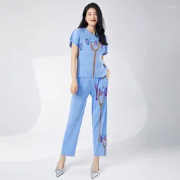 Women's Two Piece Pants COZOK Set Matching Clothes Printed Short Sleeved T-shirt Loose Straight Tube Casual WT5213